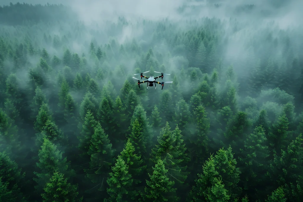Drone Flying Misty Forest